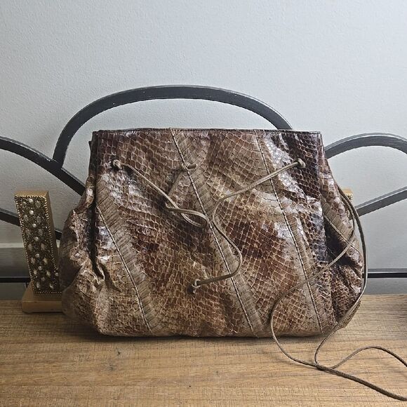 Vintage Handbags - Vintage Robert Bestien Snakeskin Patterned Brown Purse Bag